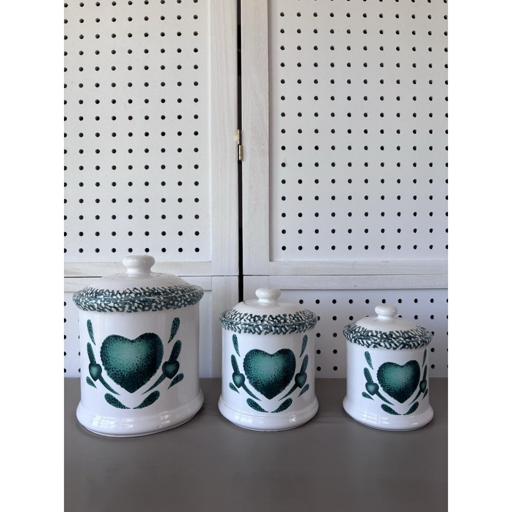 Corelle‎ Canister Set 3pc Green Hearts Sponge Ceramic Farmhouse Cottagecore
